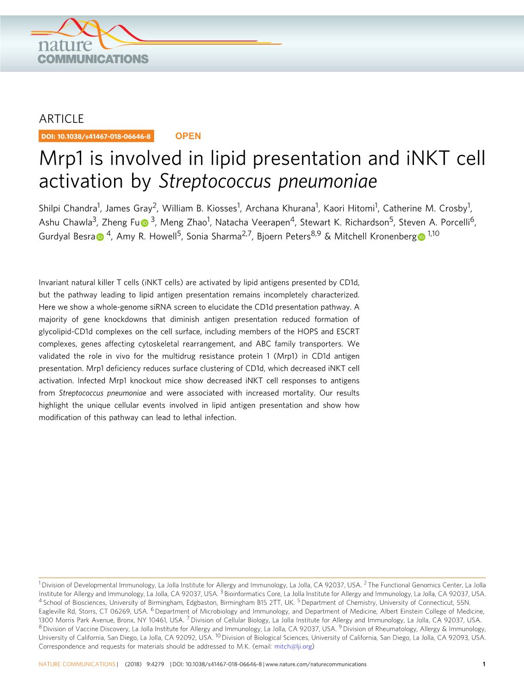 Mrp1 Is Involved in Lipid Presentation and Inkt Cell Activation by Streptococcus Pneumoniae