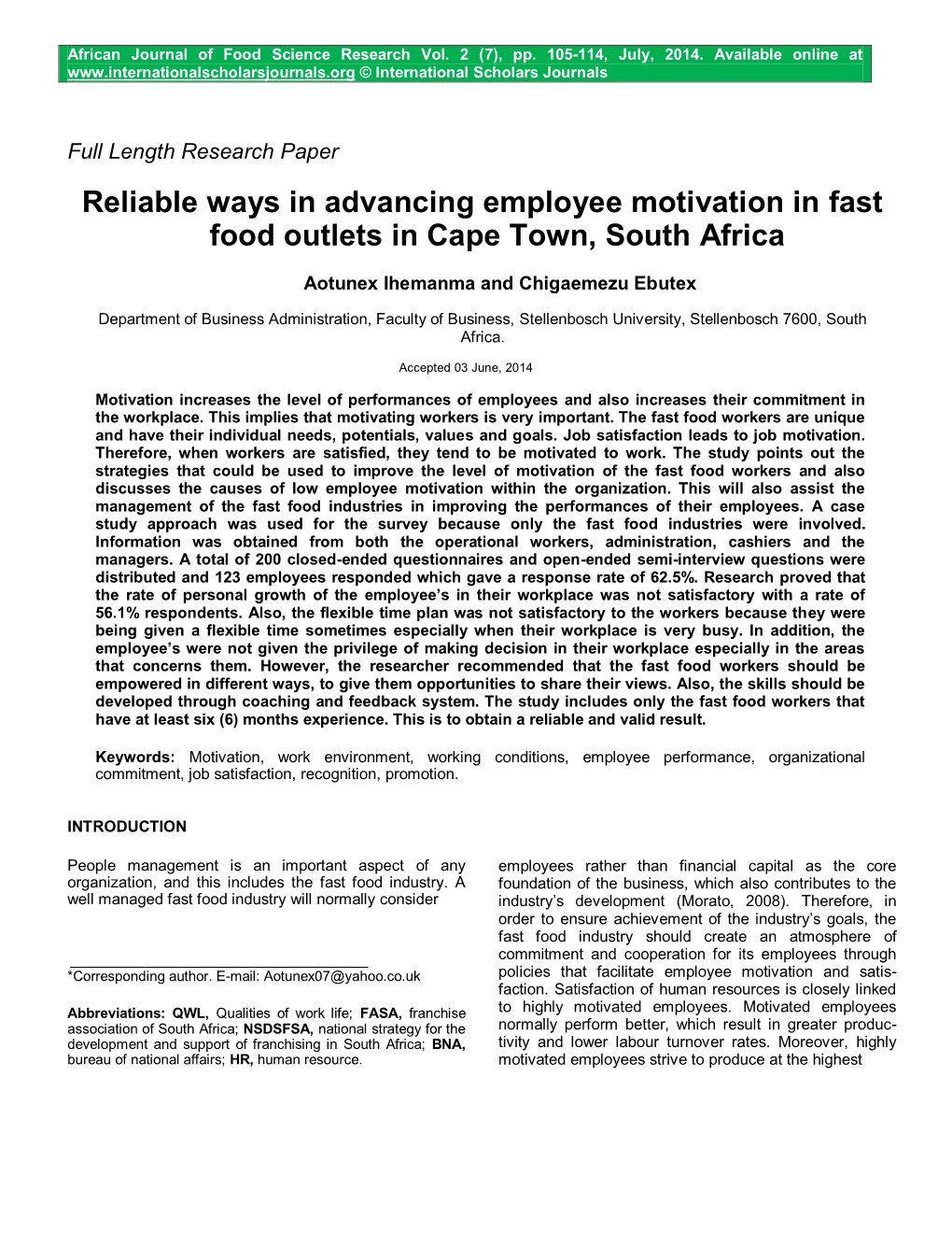 Reliable Ways in Advancing Employee Motivation in Fast Food Outlets in Cape Town, South Africa