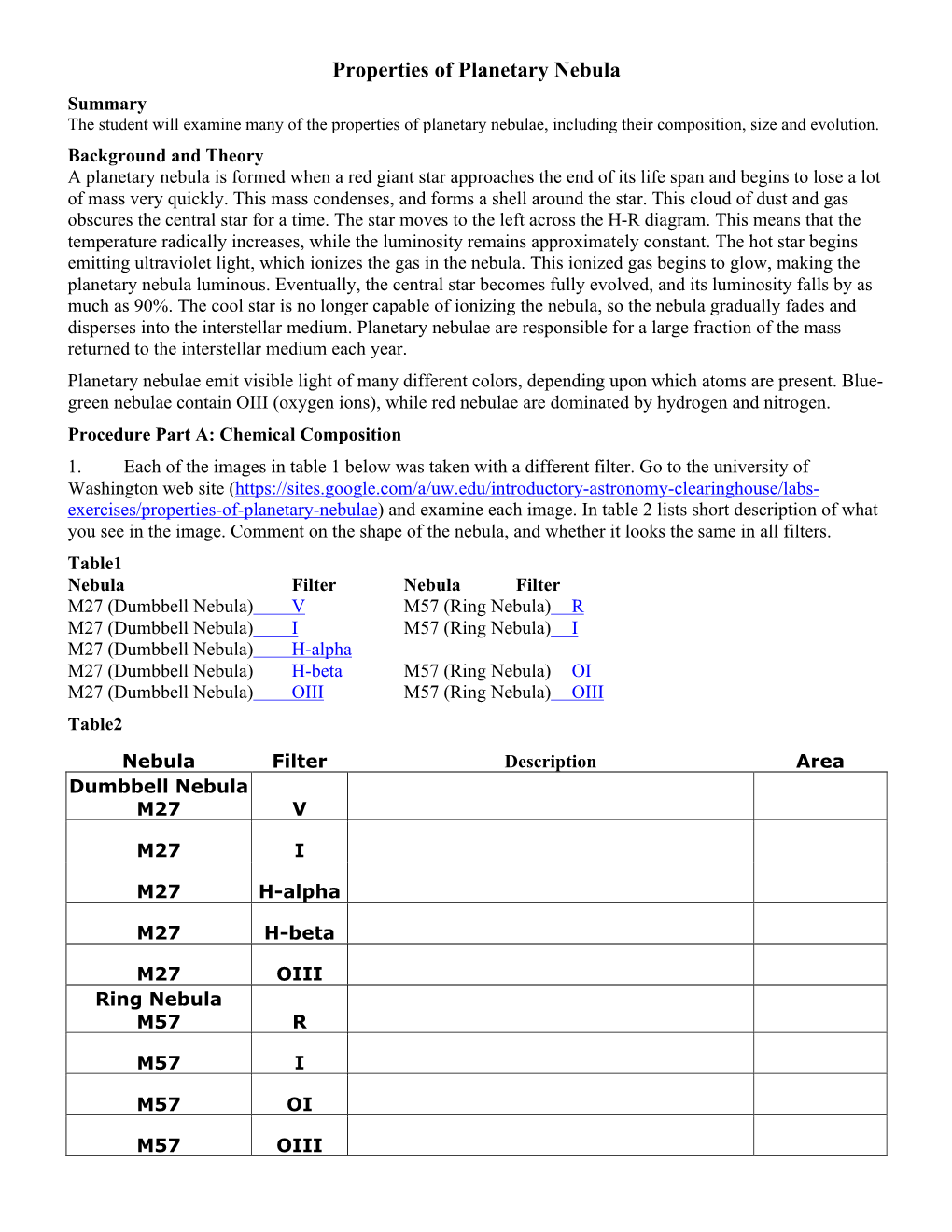 Properties of Planetary Nebula