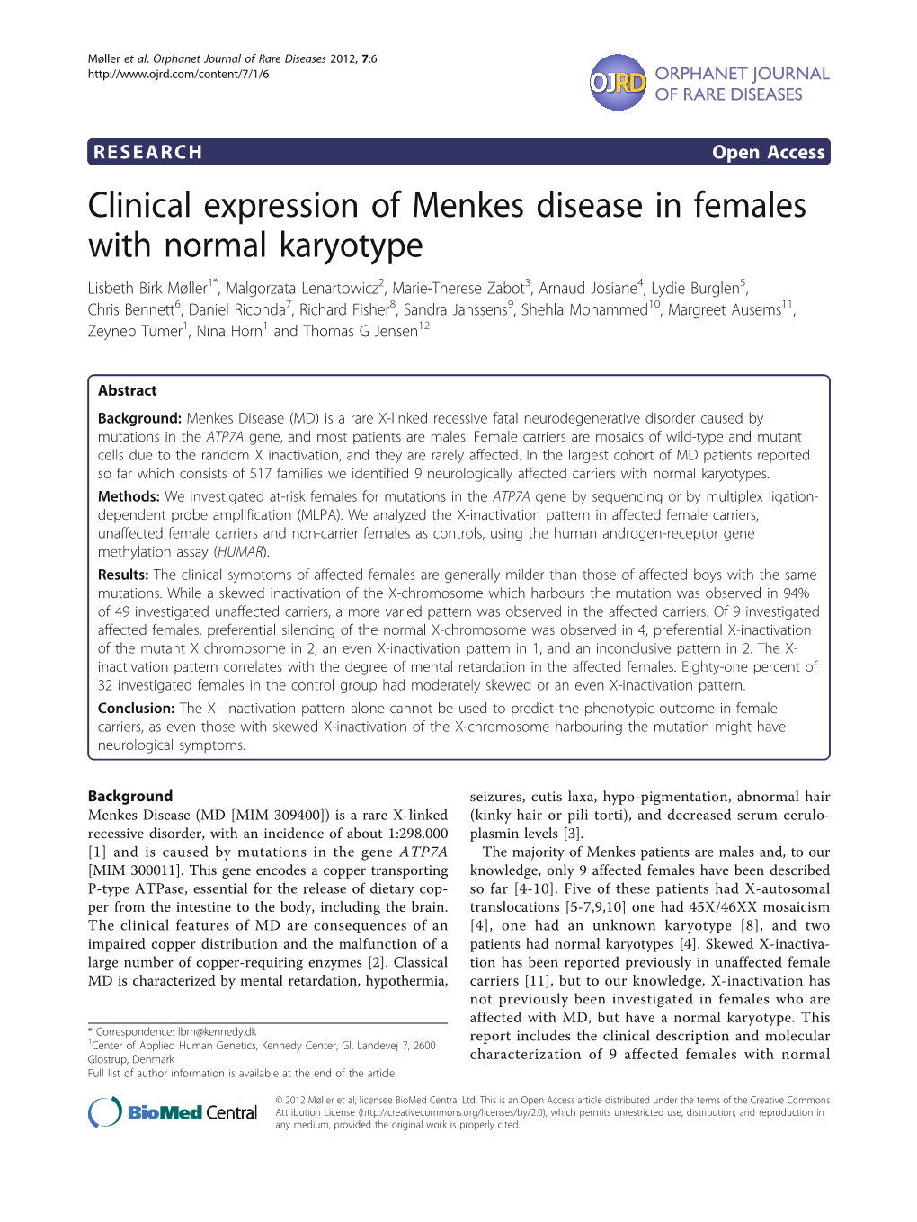 Clinical Expression of Menkes Disease in Females with Normal Karyotype