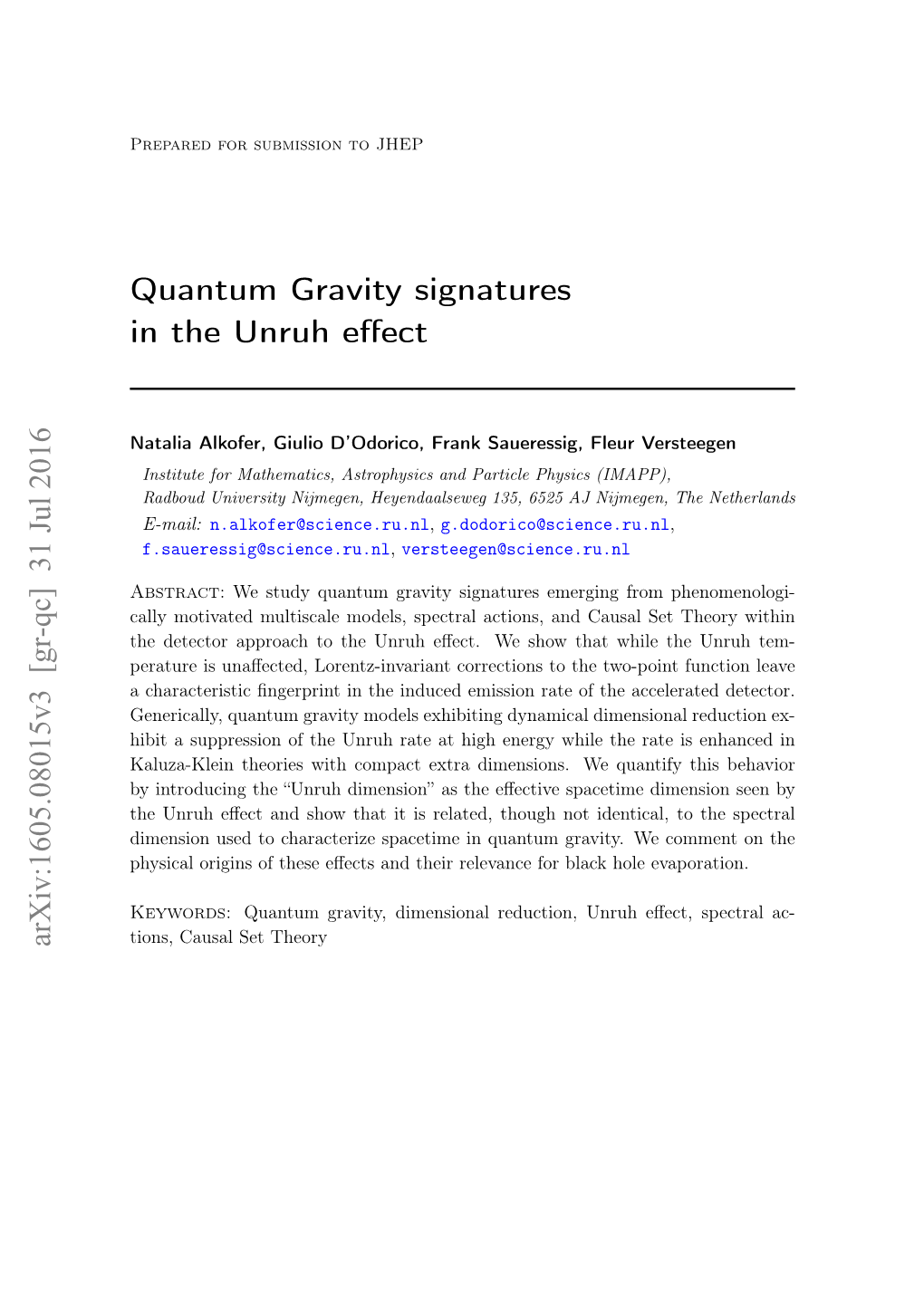 Quantum Gravity Signatures in the Unruh Effect Arxiv:1605.08015V3