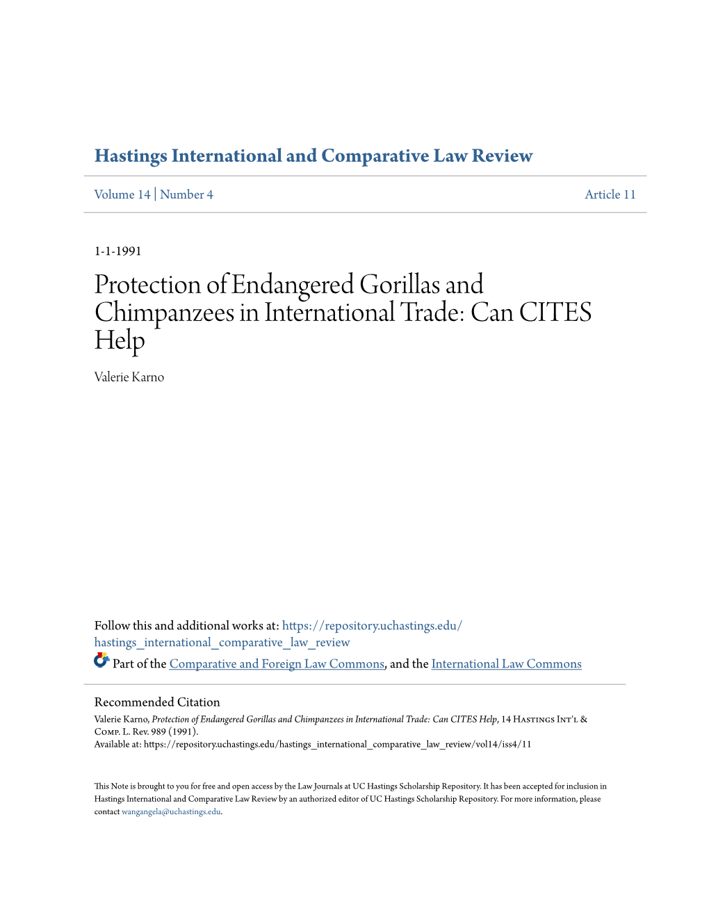 Protection of Endangered Gorillas and Chimpanzees in International Trade: Can CITES Help Valerie Karno