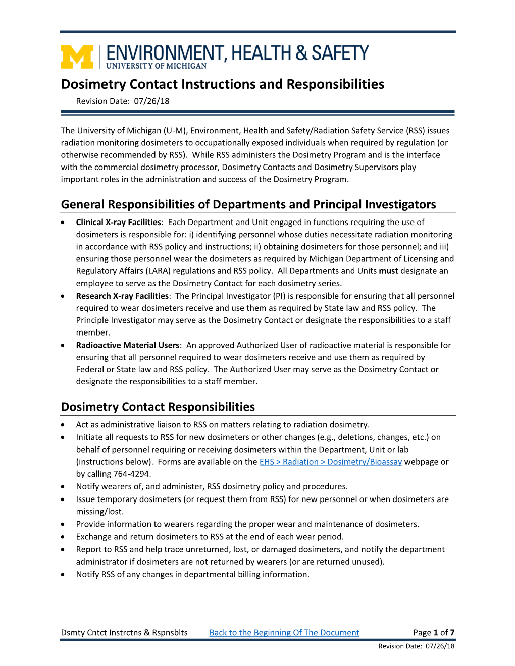 Dosimetry Contact Instructions and Responsibilities Revision Date: 07/26/18