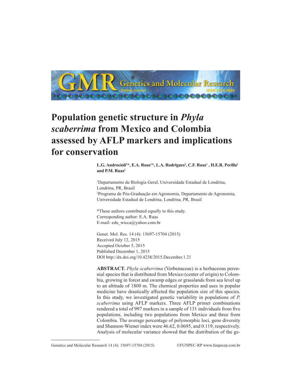 Population Genetic Structure in Phyla Scaberrima from Mexico and Colombia Assessed by AFLP Markers and Implications for Conservation