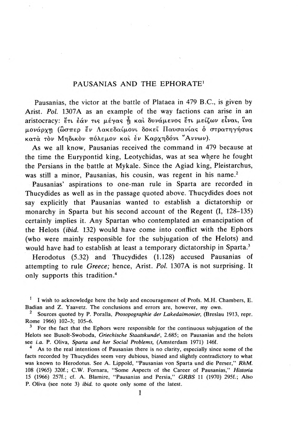 PAUSANIAS and the EPHORATE' Pausanias, the Victor at the Battle Of