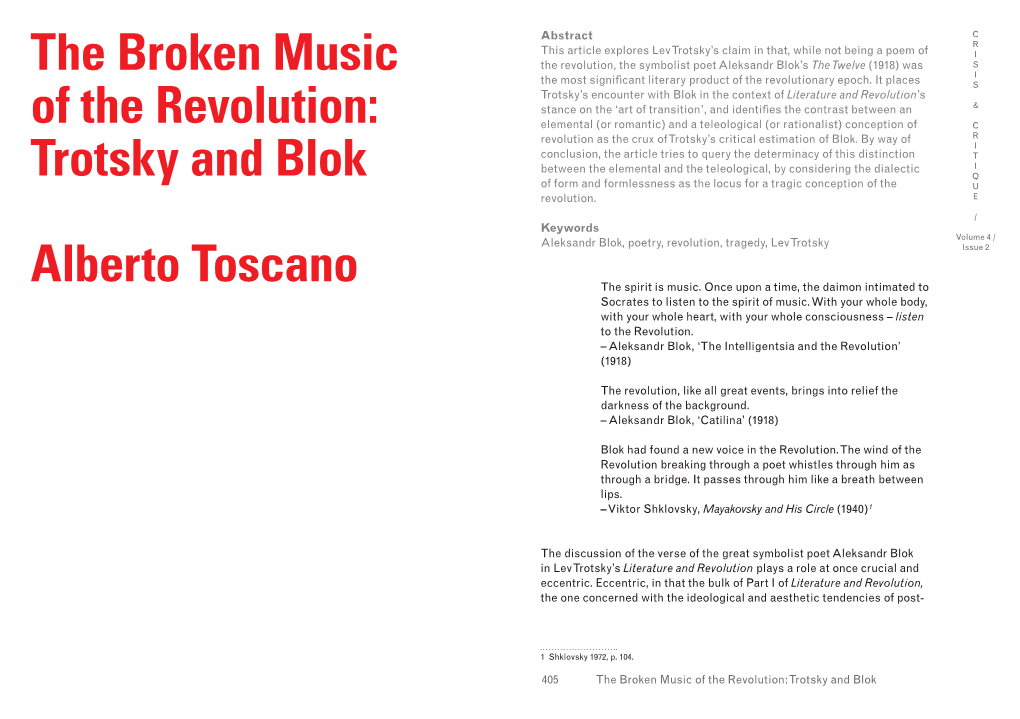 The Broken Music of the Revolution: Trotsky and Blok Alberto Toscano