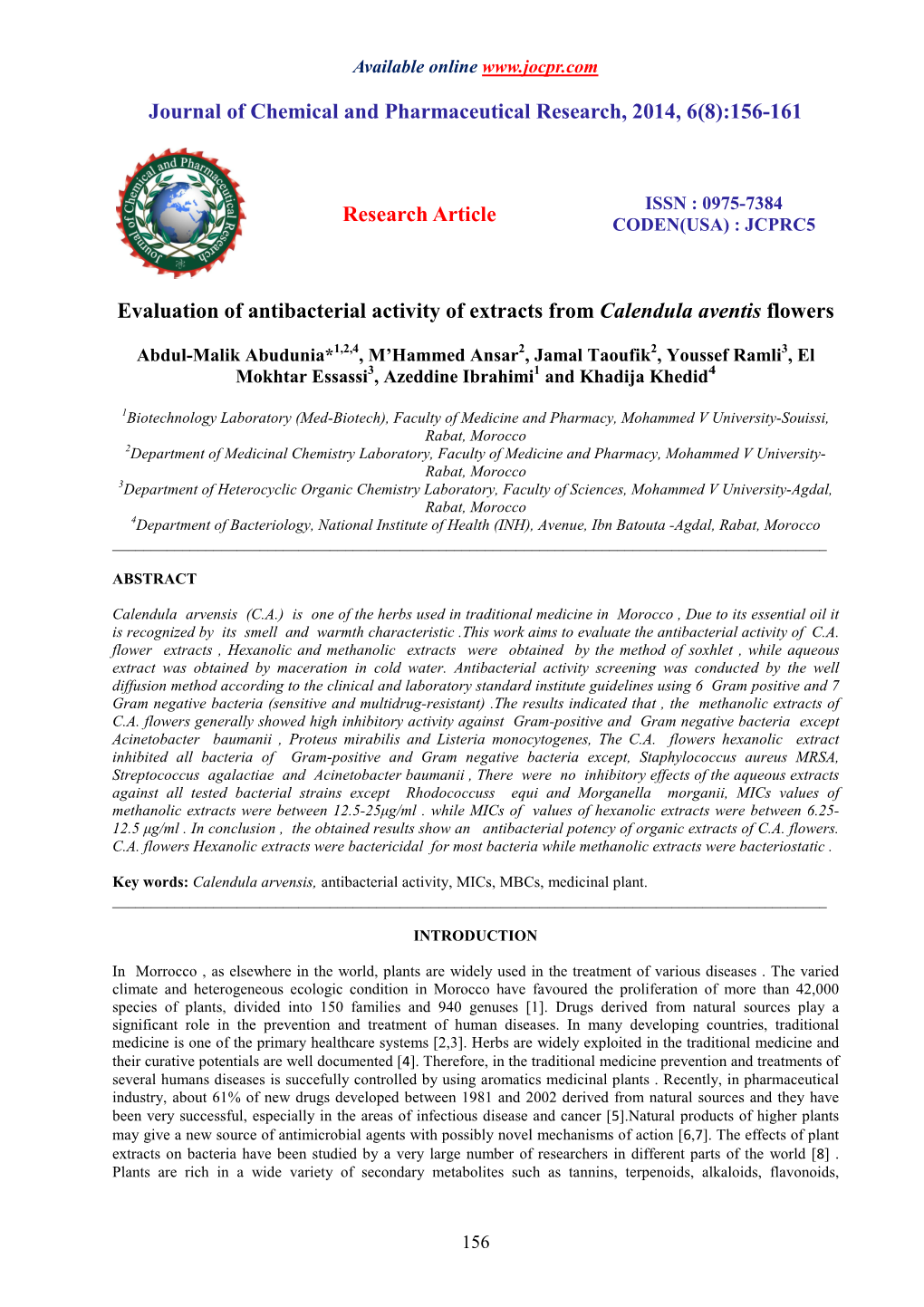 156-161 Research Article Evaluation of Antibacterial Activity Of