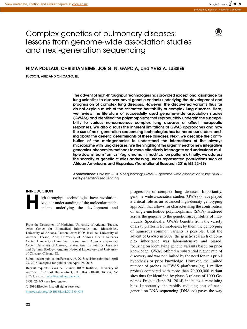 Complex Genetics of Pulmonary Diseases: Lessons from Genome-Wide Association Studies and Next-Generation Sequencing