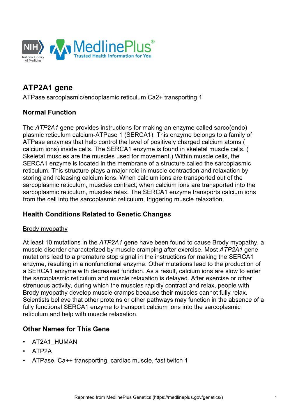 ATP2A1 Gene Atpase Sarcoplasmic/Endoplasmic Reticulum Ca2+ Transporting 1