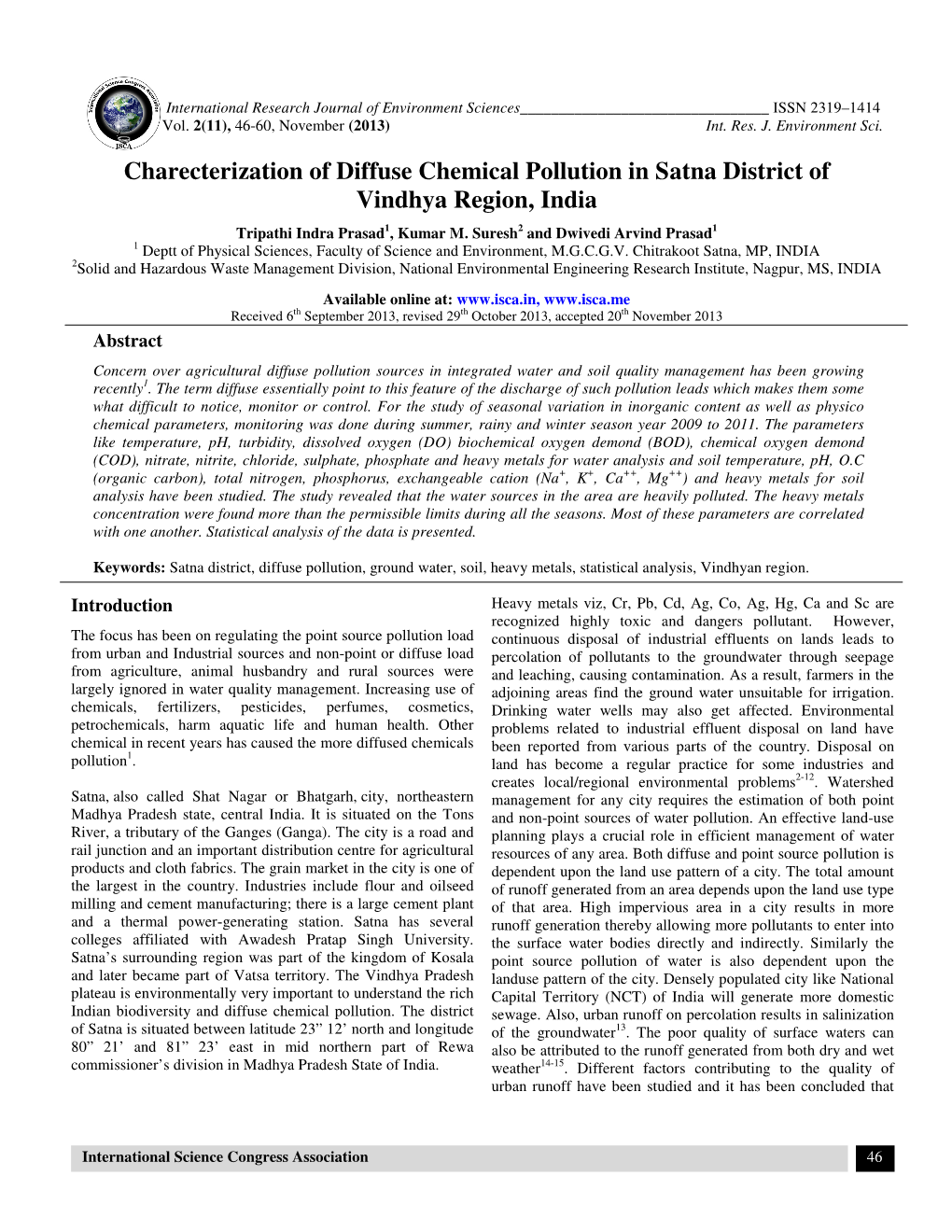 Charecterization of Diffuse Chemical Pollution in Satna District of Vindhya Region, India