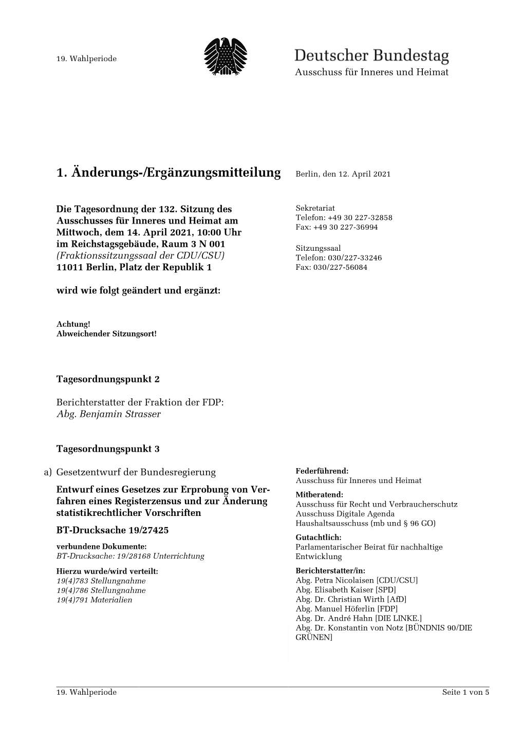 1. Änderungs-/Ergänzungsmitteilung Berlin, Den 12. April 2021