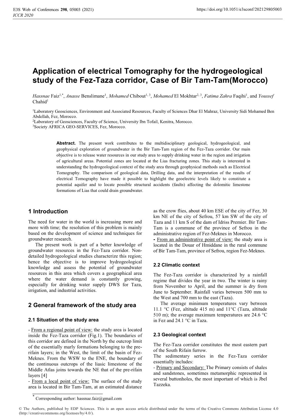 Application of Electrical Tomography for the Hydrogeological Study of the Fez-Taza Corridor, Case of Bir Tam-Tam(Morocco)