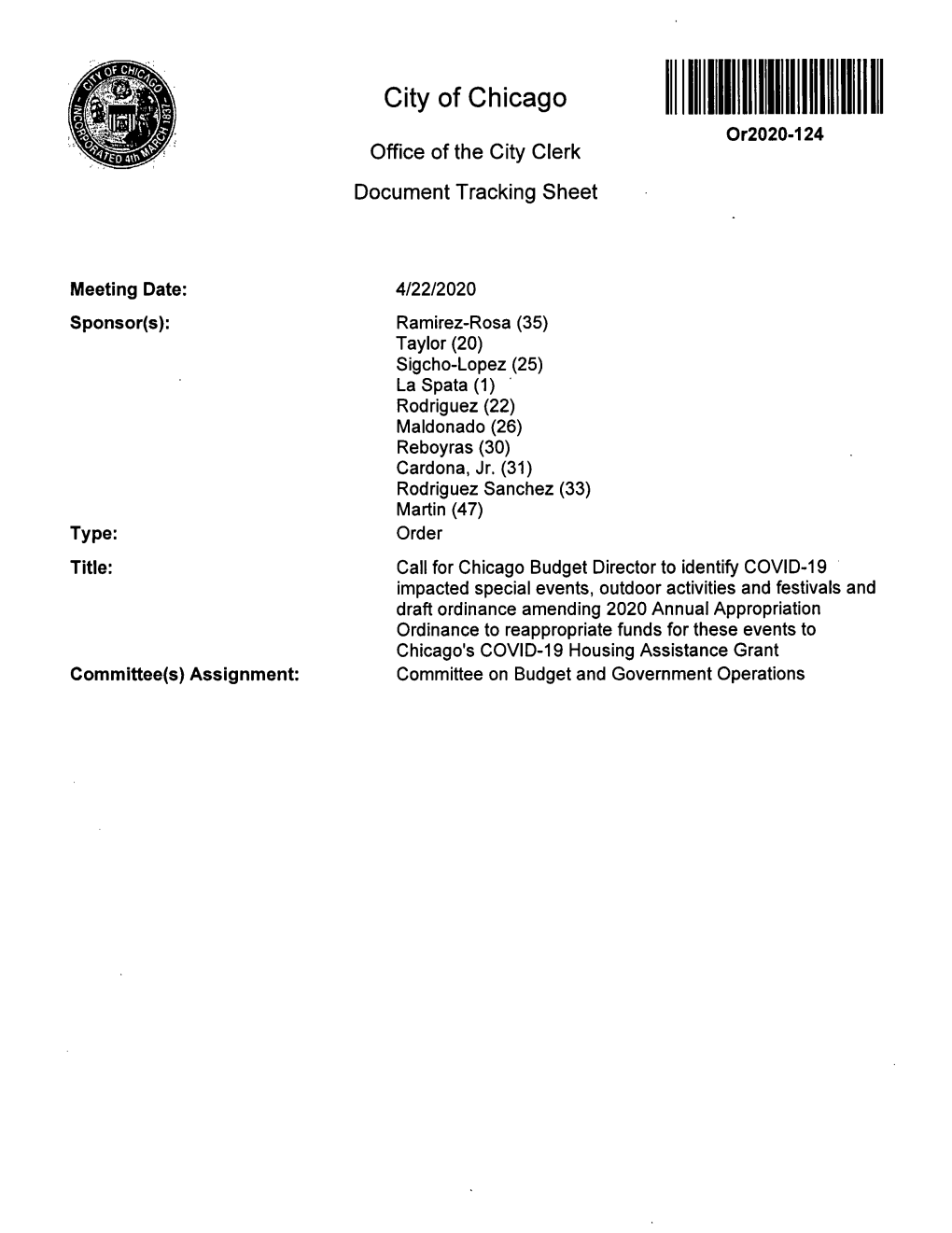 City of Chicago Or2020-124 Office of the City Clerk Document Tracking Sheet