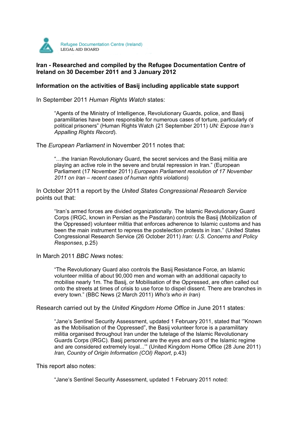 Iran - Researched and Compiled by the Refugee Documentation Centre of Ireland on 30 December 2011 and 3 January 2012