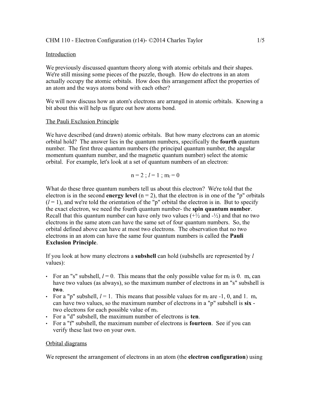 CHM 110 - Electron Configuration (R14)- ©2014 Charles Taylor 1/5