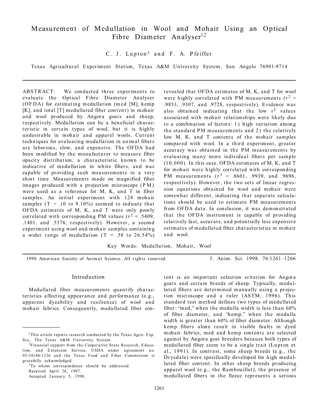 Measurement of Medullation in Wool and Mohair Using an Optical Fibre Diameter Analyser1,2