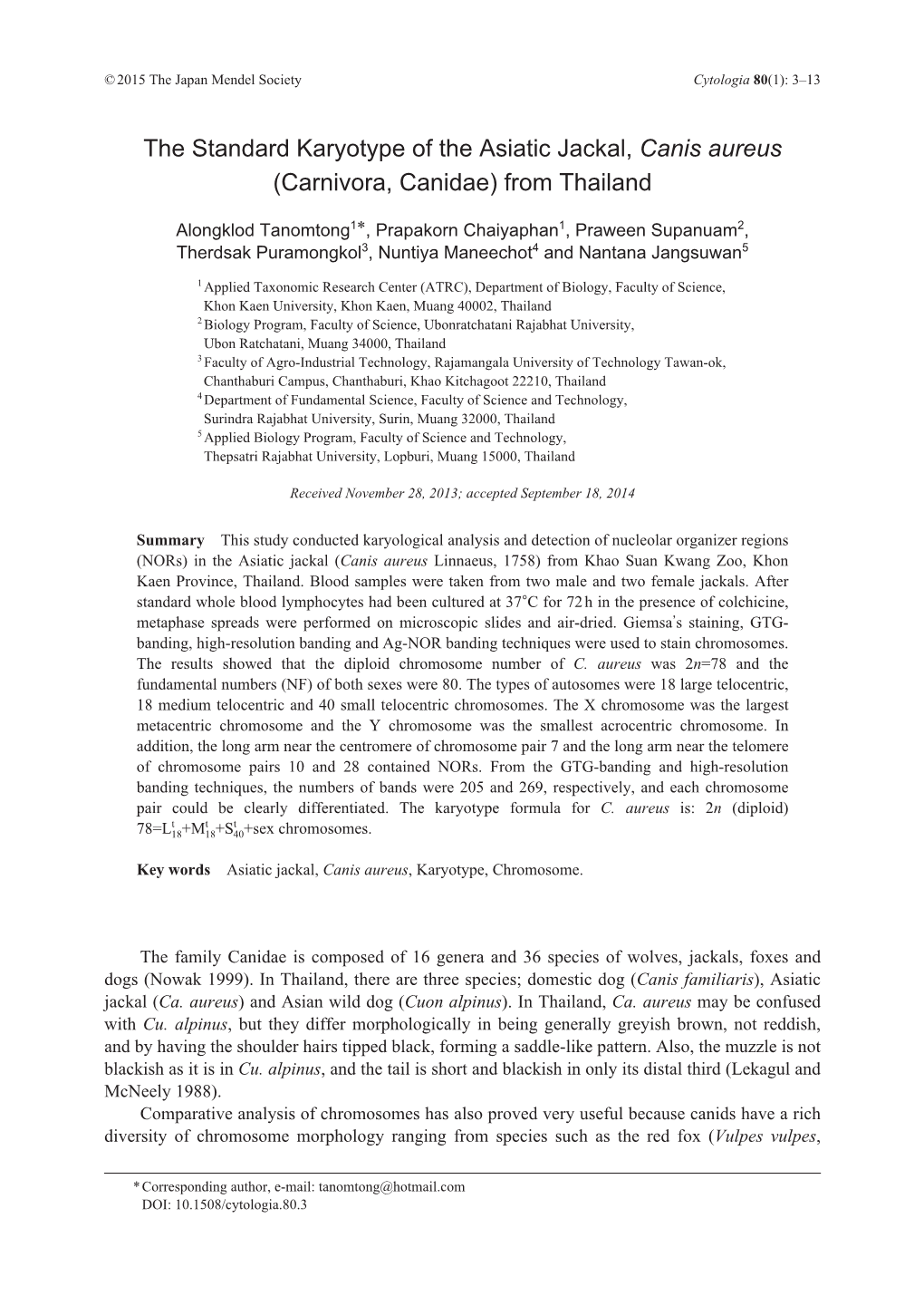 The Standard Karyotype of the Asiatic Jackal, Canis Aureus (Carnivora, Canidae) from Thailand