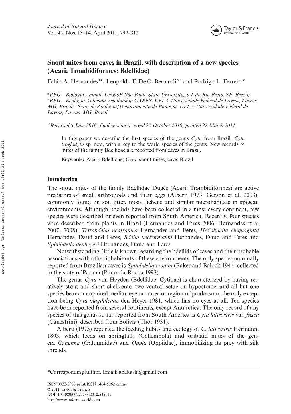 Snout Mites from Caves in Brazil, with Description of a New Species (Acari: Trombidiformes: Bdellidae) Fabio A