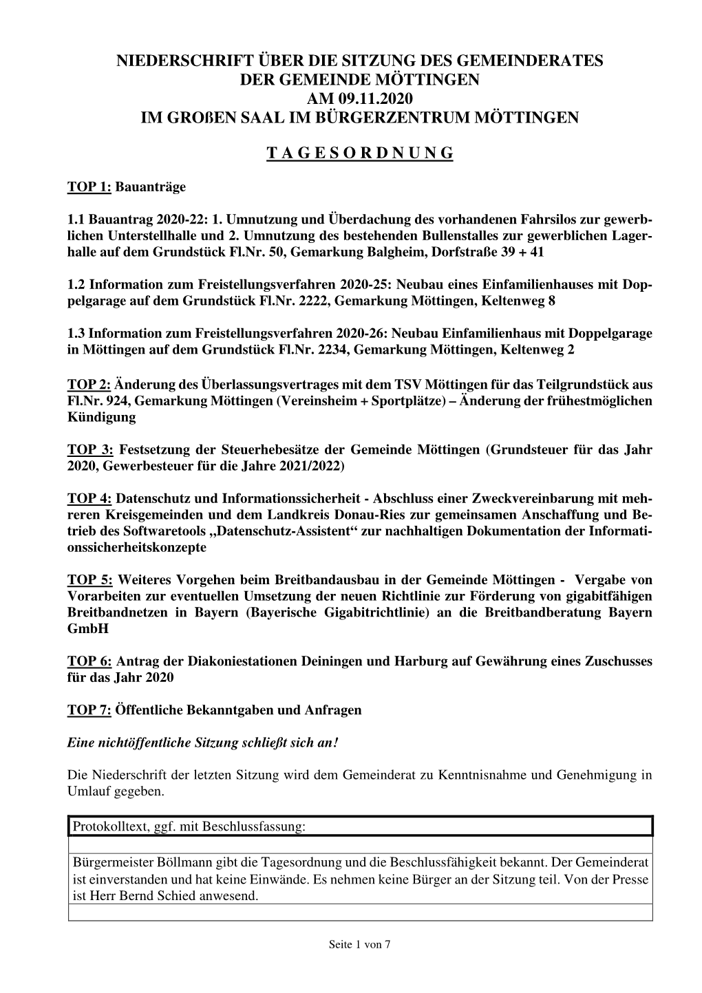 Protokoll Gemeinderat Moettingen Vom 09.11.2020