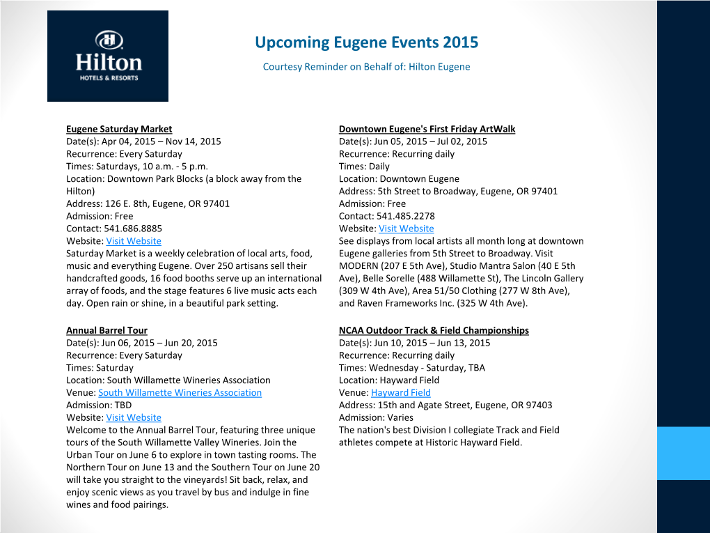 Upcoming Eugene Events 2015 Courtesy Reminder on Behalf Of: Hilton Eugene