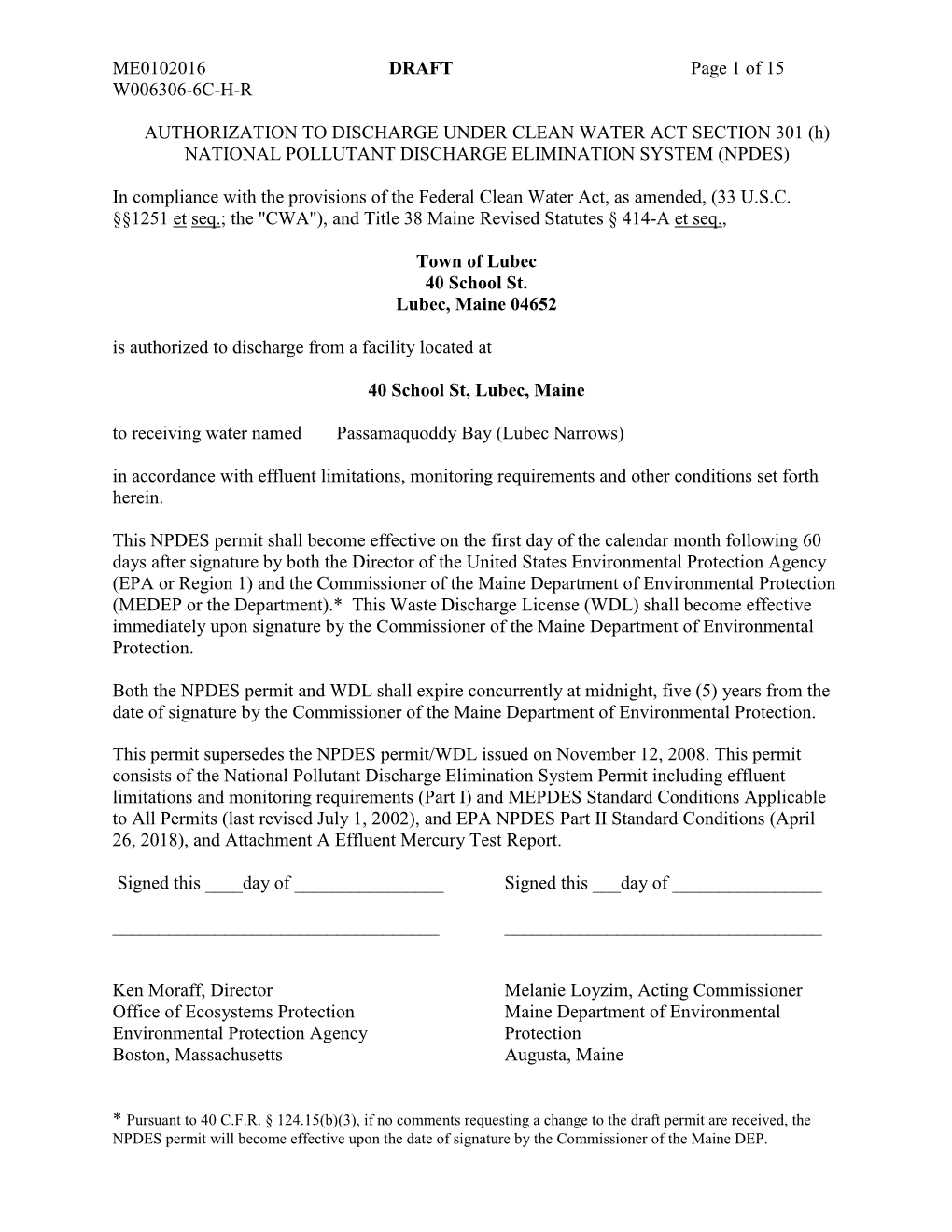 Town of Lubec Wastewater Treatment Facility, ME0102016, Draft Permit