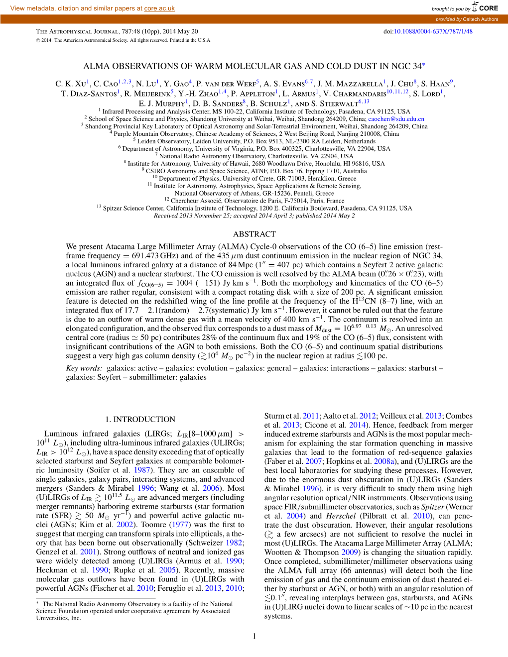 Alma Observations of Warm Molecular Gas and Cold Dust in Ngc 34∗