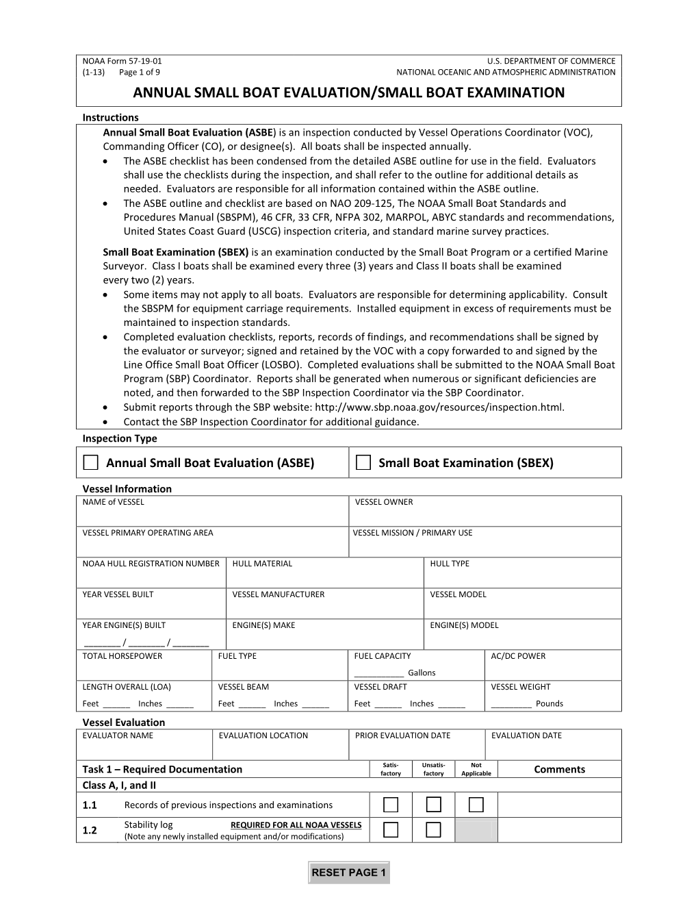 NOAA Form 57-19-01 Annual Small Boat Evaluation/Small Boat