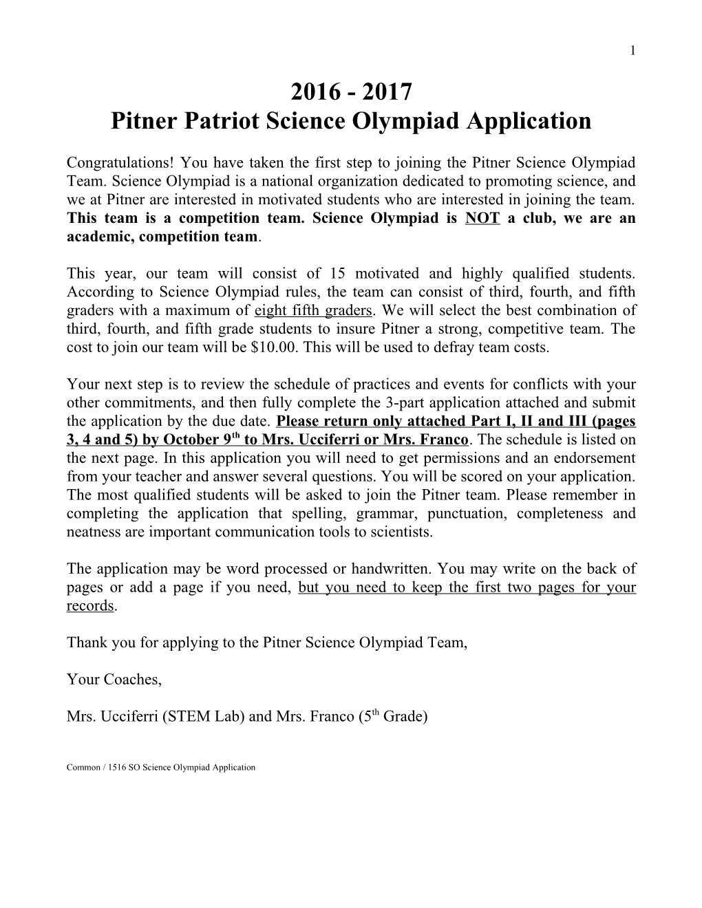 Pitner Patriot Science Olympiad Application