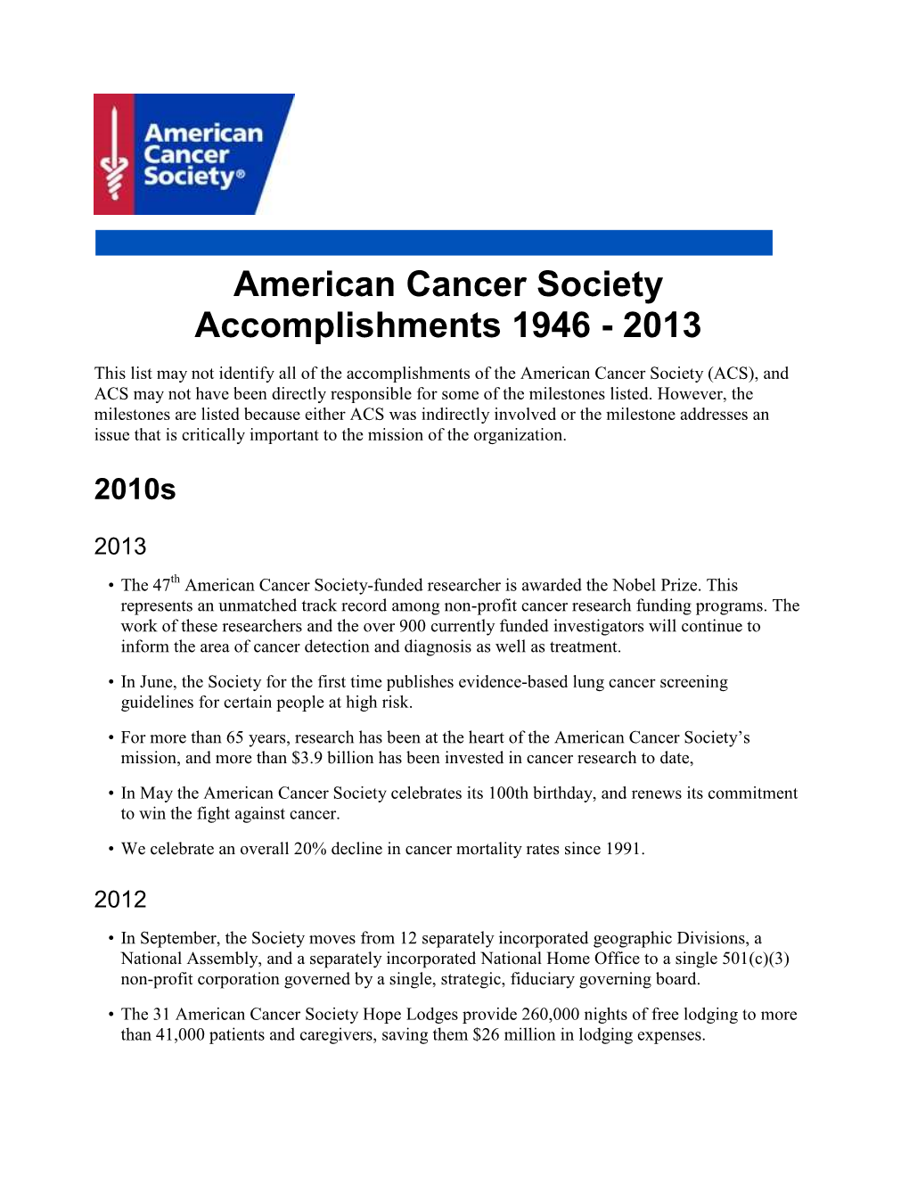 American Cancer Society Accomplishments 1946 - 2013