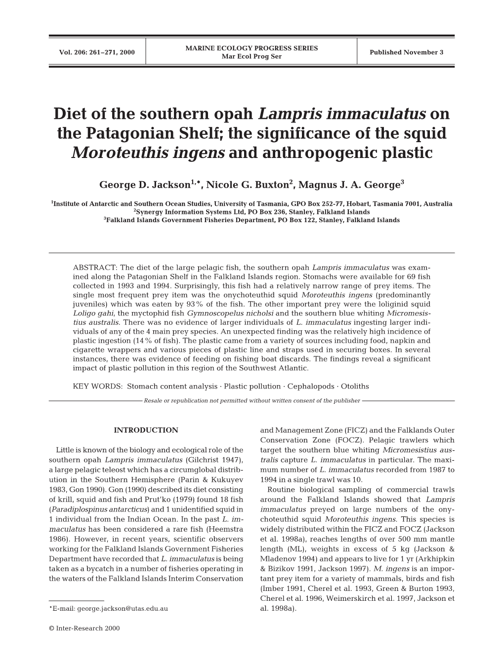 Diet of the Southern Opah Lampris Immaculatus on the Patagonian Shelf; the Significance of the Squid Moroteuthis Ingens and Anthropogenic Plastic