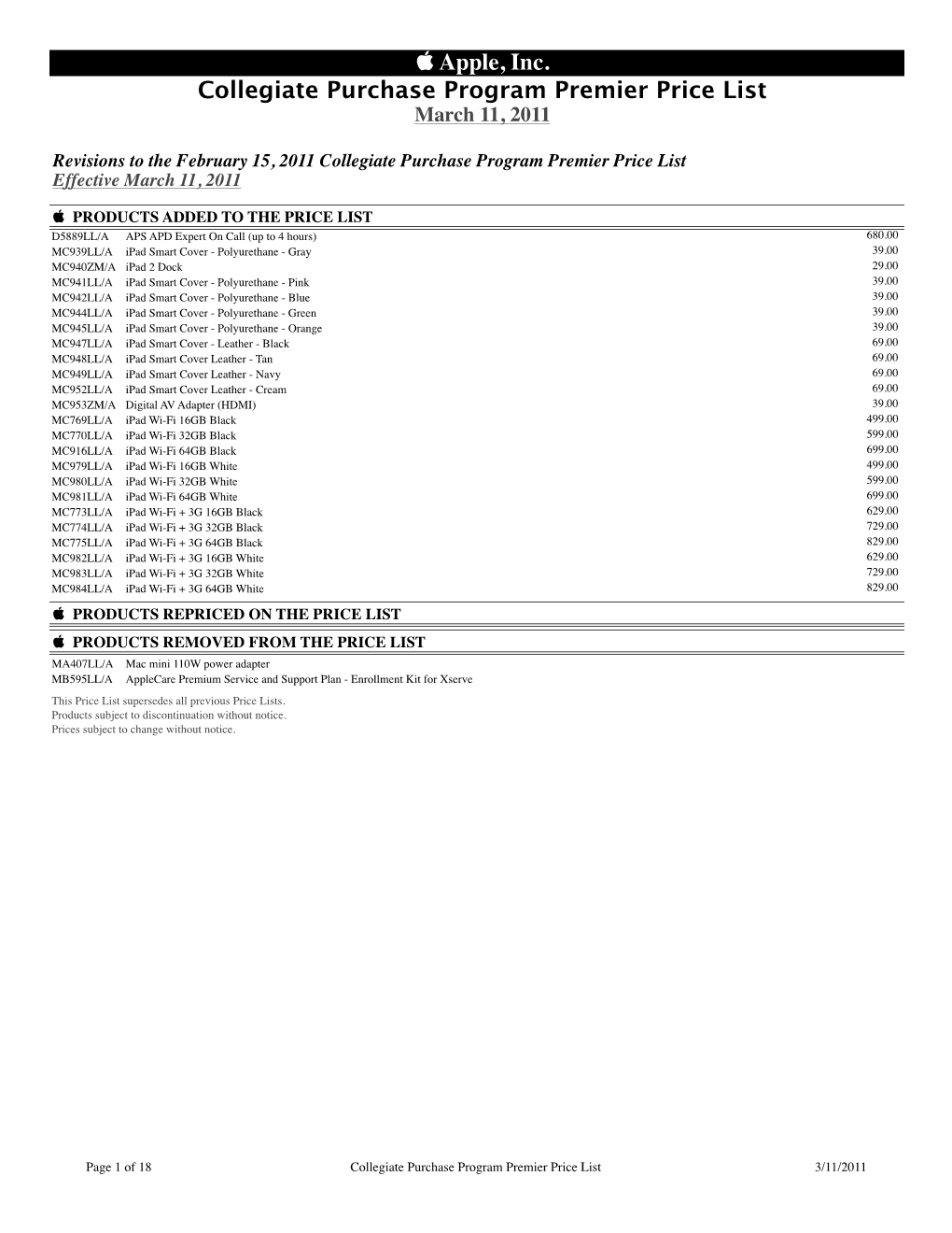 Apple, Inc. Collegiate Purchase Program Premier Price List March 11, 2011