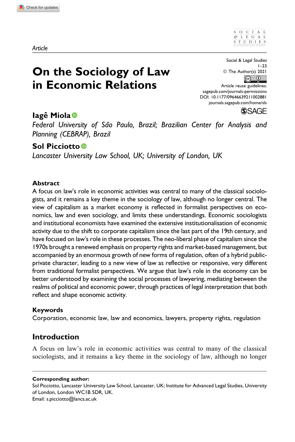 On the Sociology of Law in Economic Relations