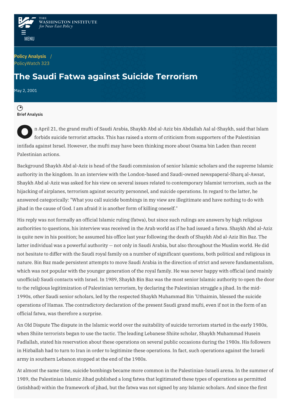 The Saudi Fatwa Against Suicide Terrorism | the Washington Institute