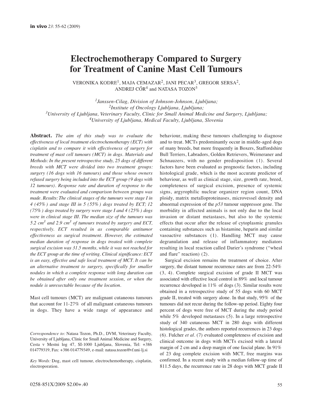 Electrochemotherapy Compared to Surgery for Treatment of Canine Mast Cell Tumours