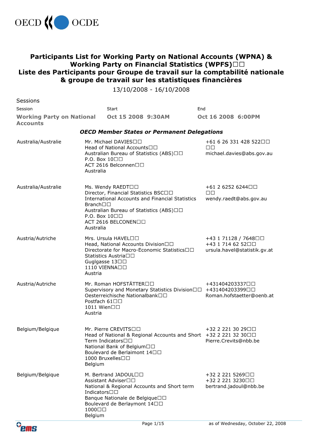 Participants List for Working Party on National Accounts (WPNA) & Working Party on Financial Statistics (WPFS)