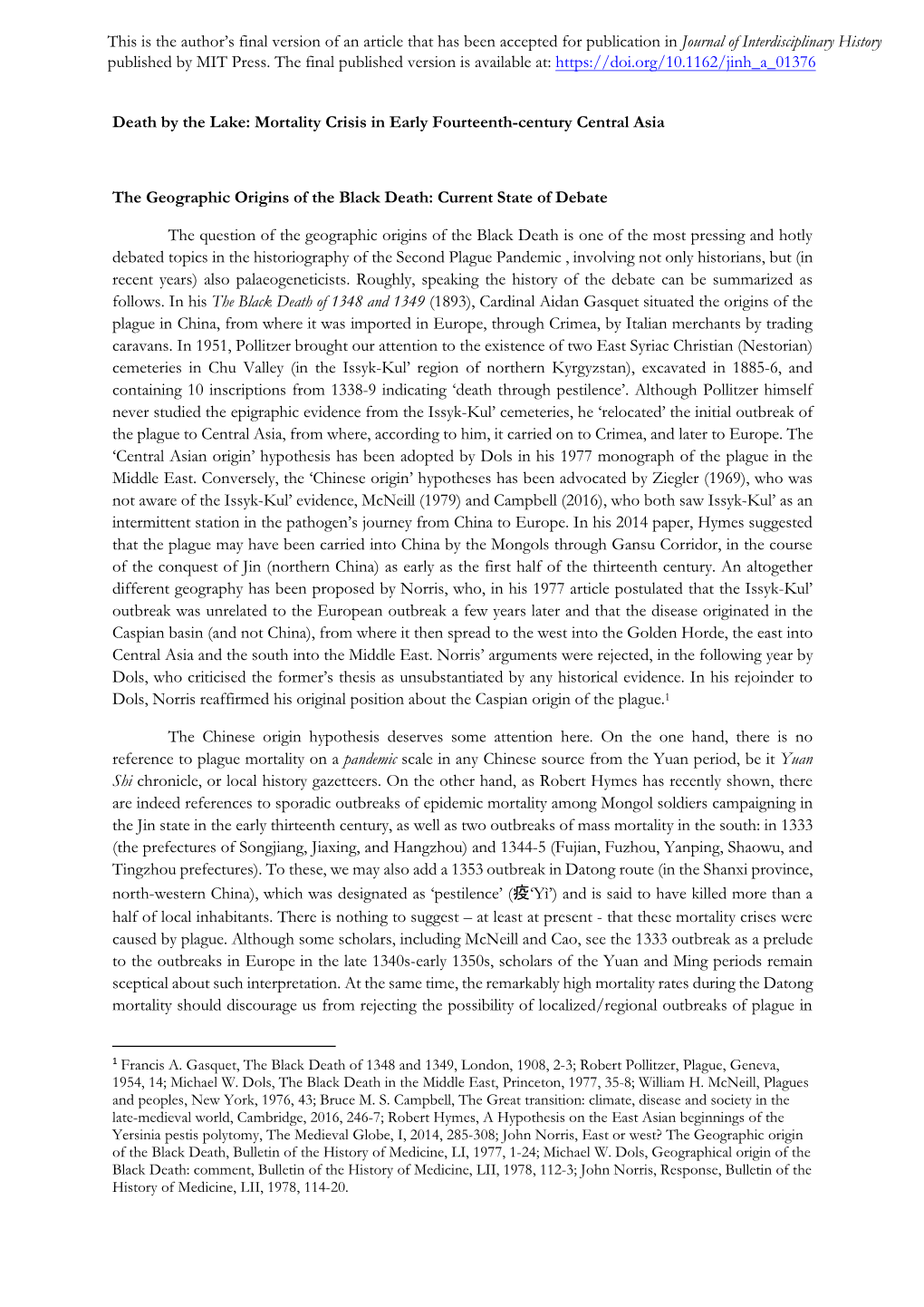 Death by the Lake: Mortality Crisis in Early Fourteenth-Century Central Asia