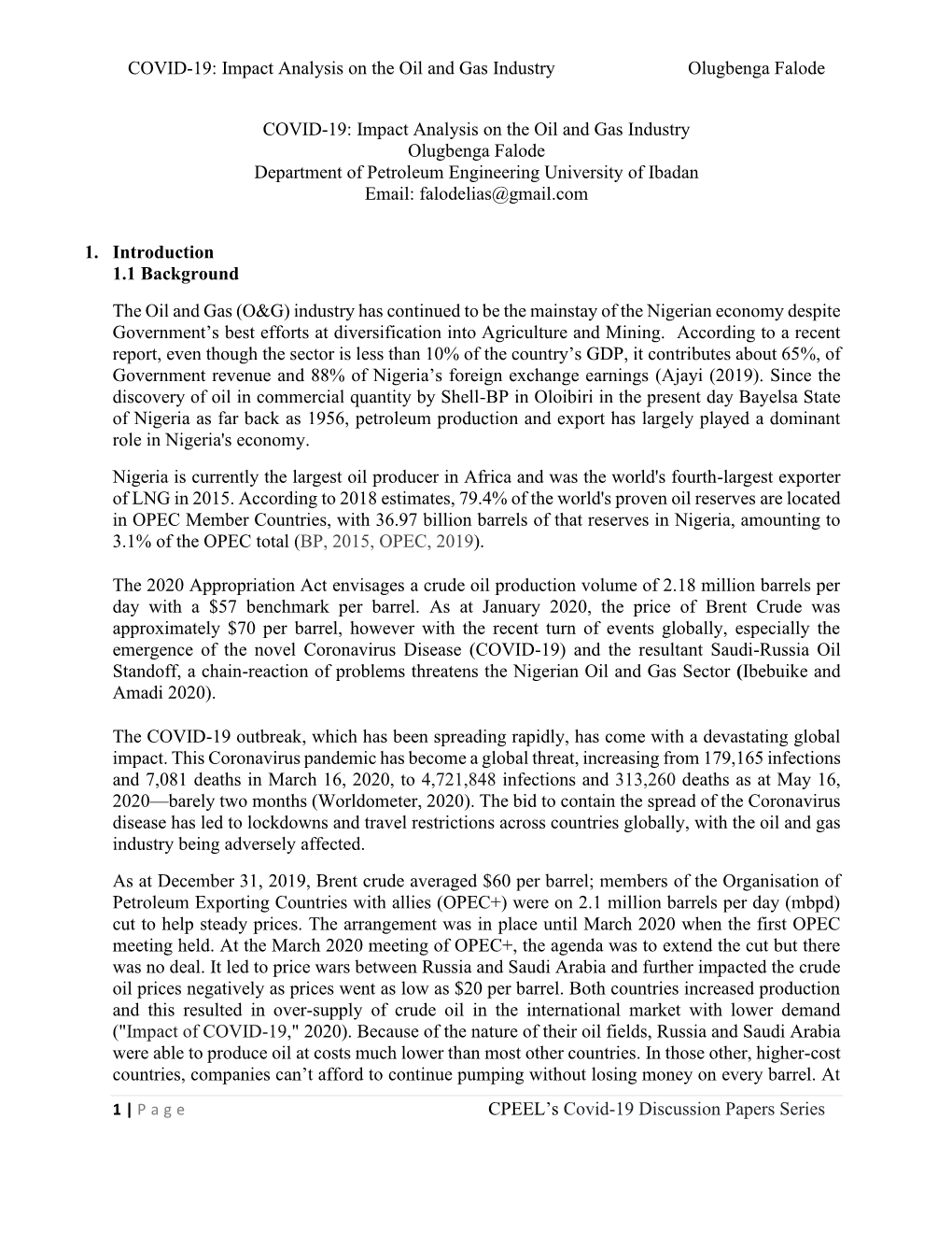 COVID-19: Impact Analysis on the Oil and Gas Industry Olugbenga Falode