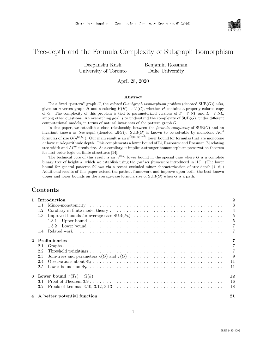 Tree-Depth and the Formula Complexity of Subgraph Isomorphism