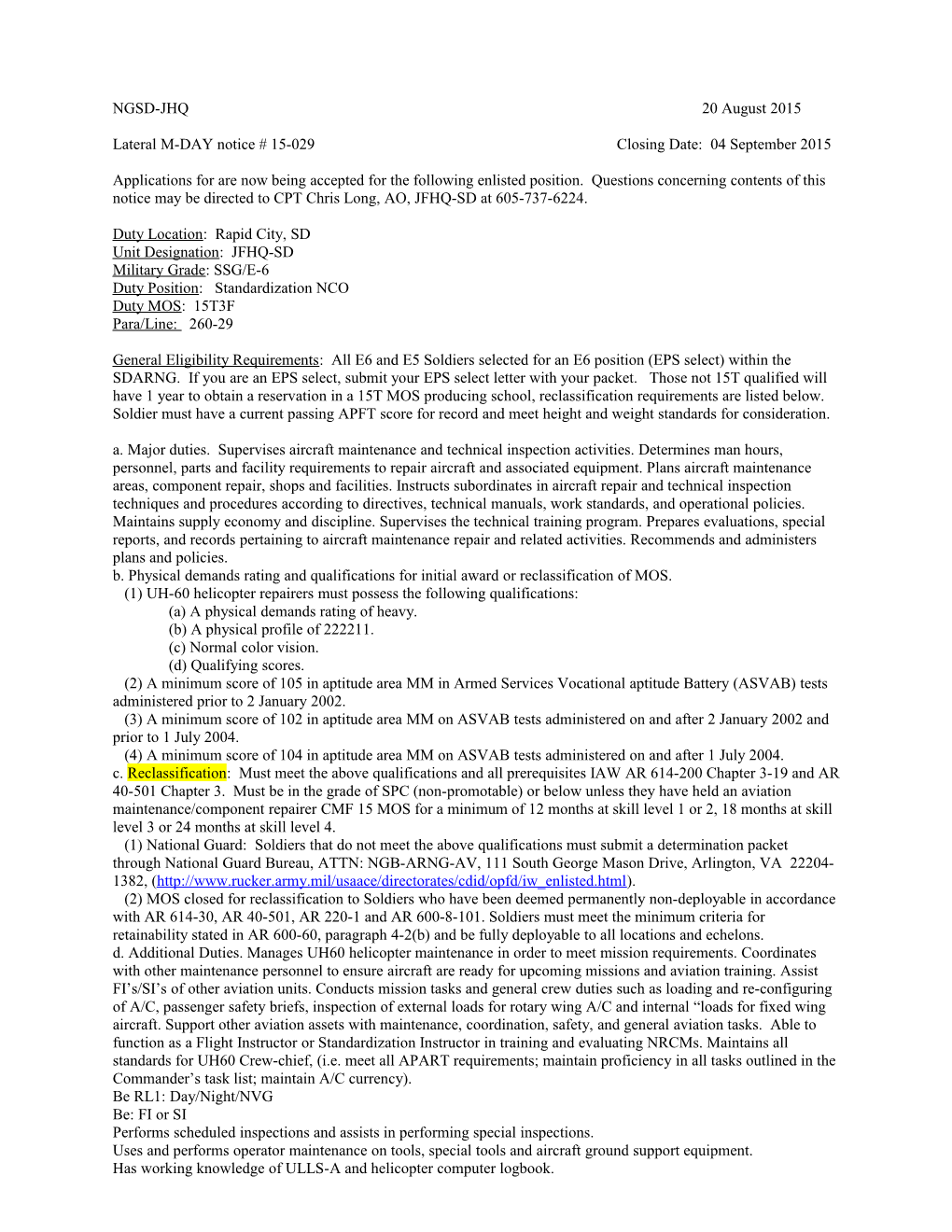 Lateral M-DAY Notice # 15-029 Closing Date: 04 September 2015