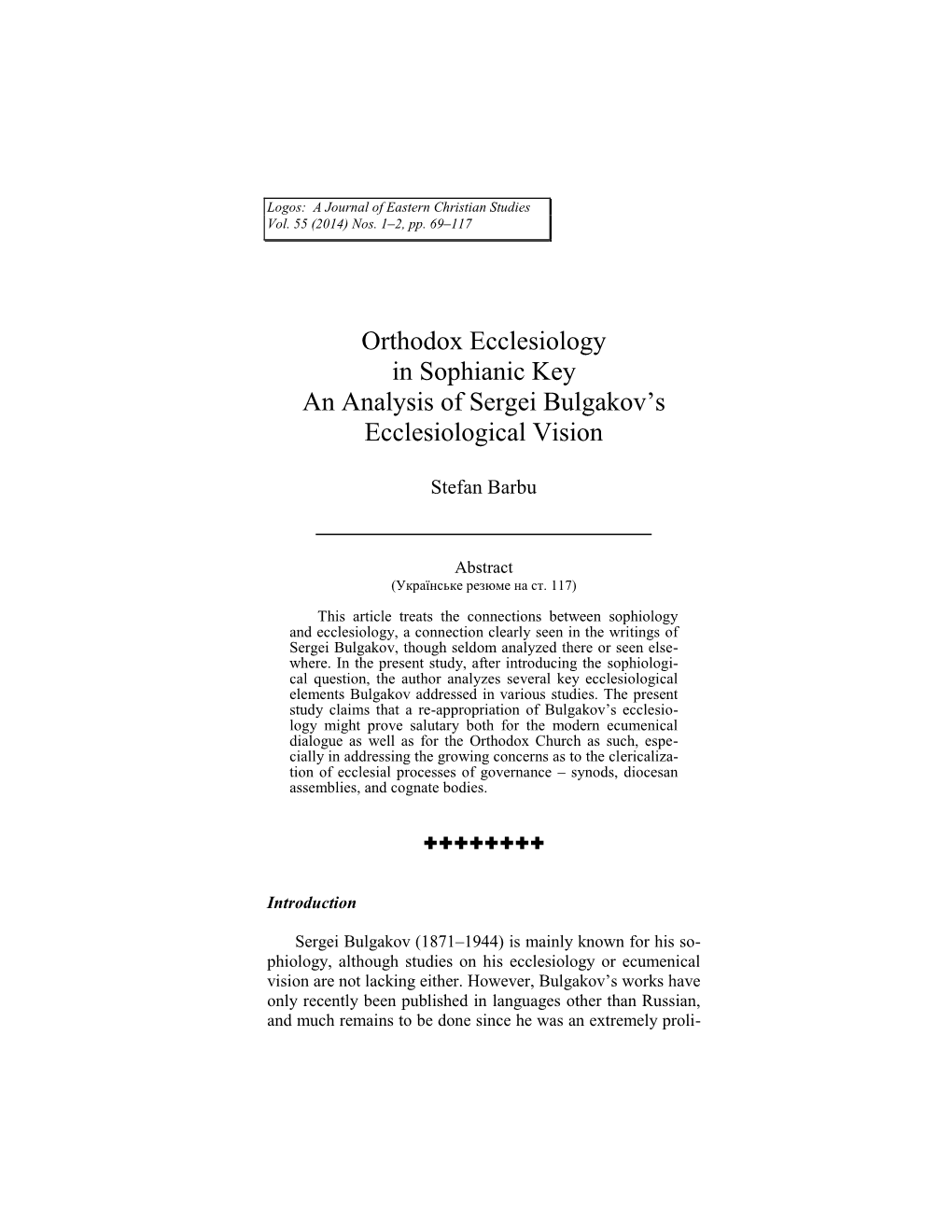 Orthodox Ecclesiology in Sophianic Key an Analysis of Sergei Bulgakov's Ecclesiological Vision