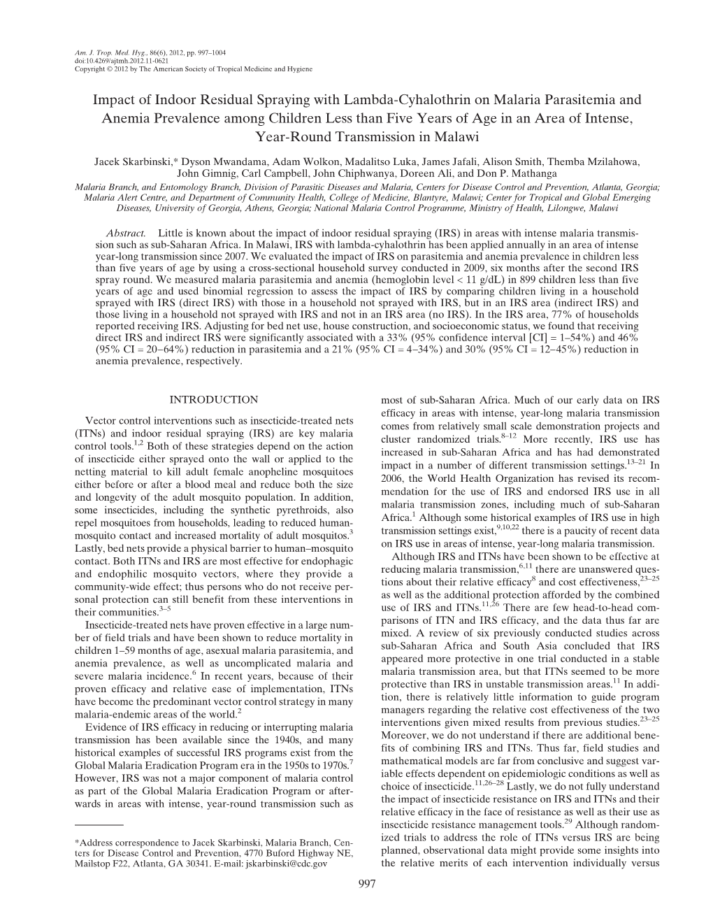 Impact of Indoor Residual Spraying with Lambda-Cyhalothrin On