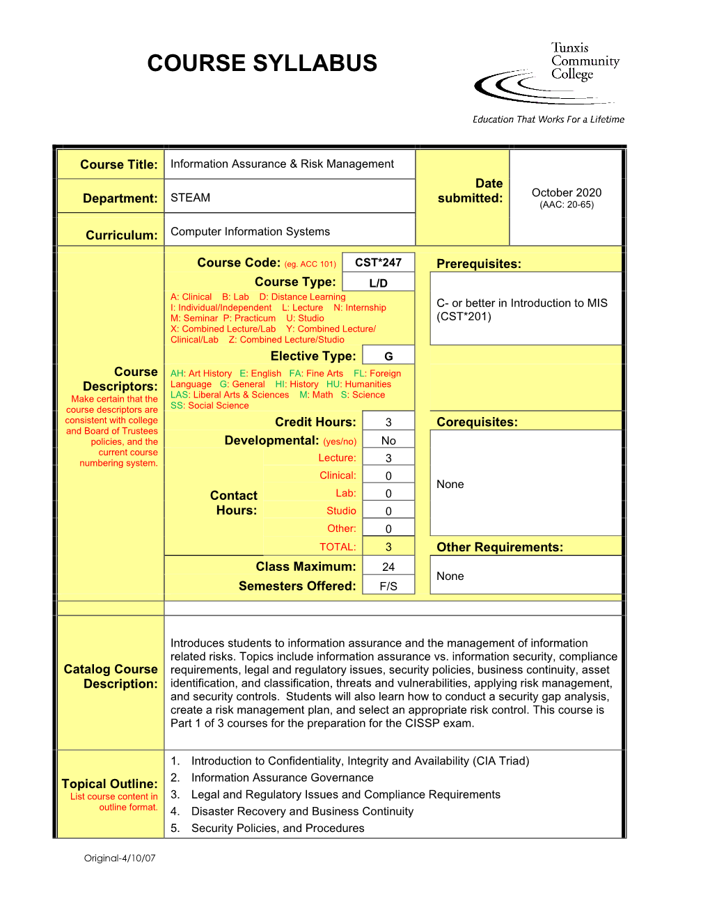 Information Assurance Risk Management Institutional Syllabus