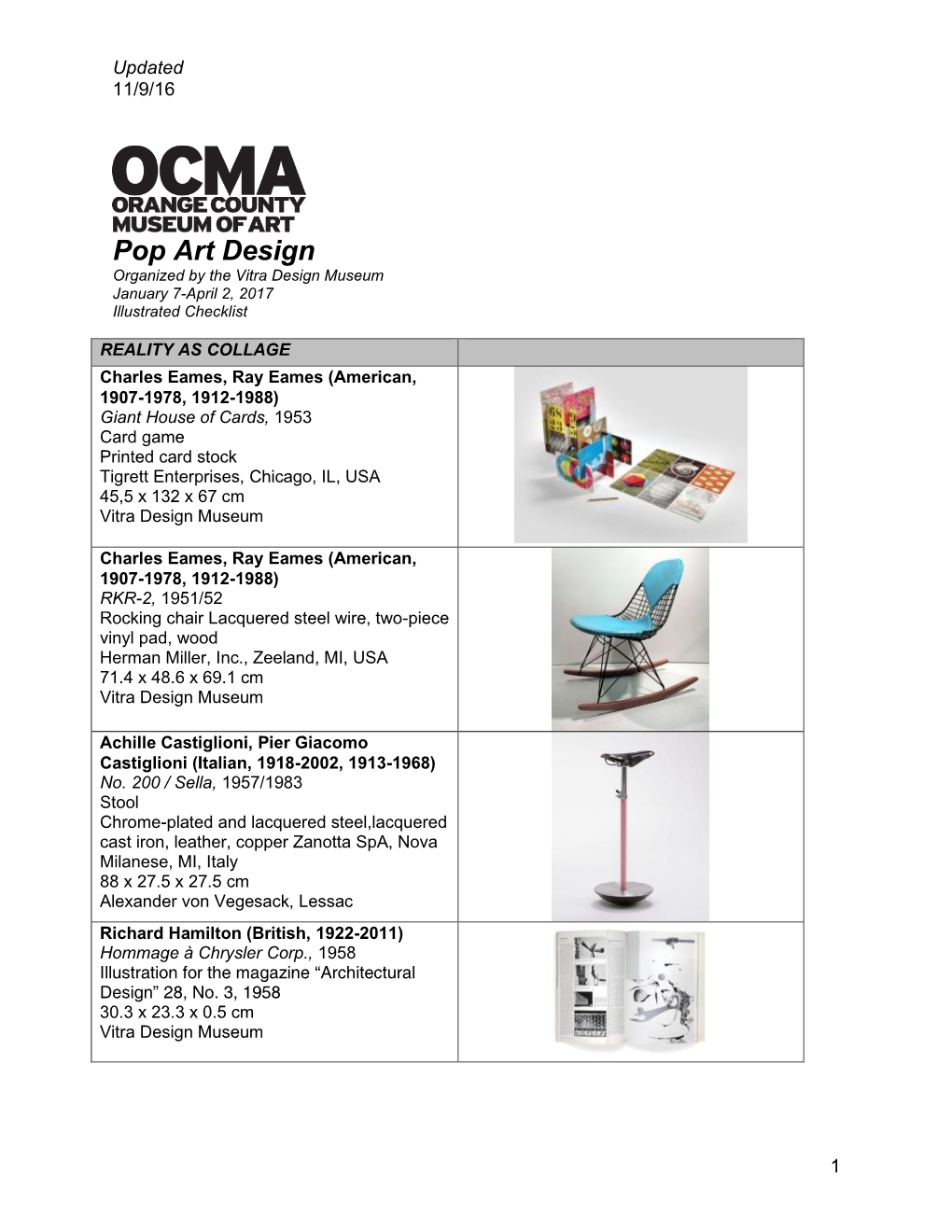 Pop Art Design Organized by the Vitra Design Museum January 7-April 2, 2017 Illustrated Checklist