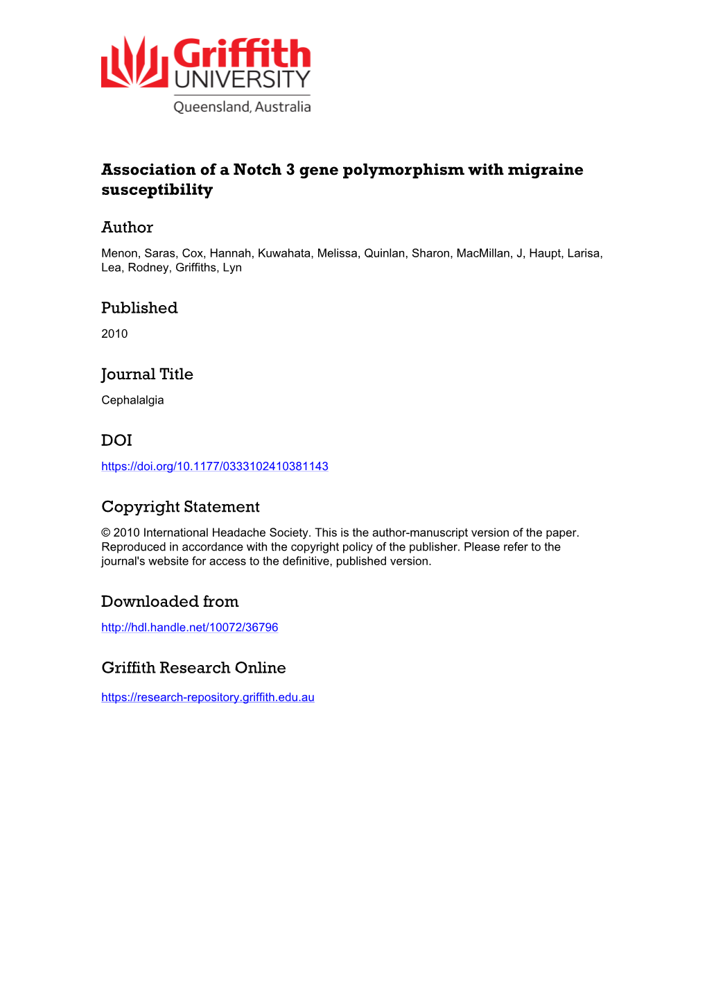 Association of a Notch 3 Gene Polymorphism with Migraine Susceptibility