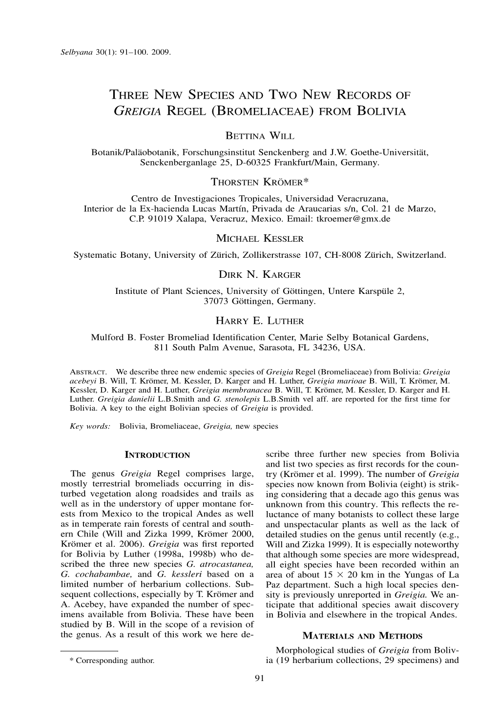 Three New Species and Two New Records of Greigia Regel (Bromeliaceae) from Bolivia