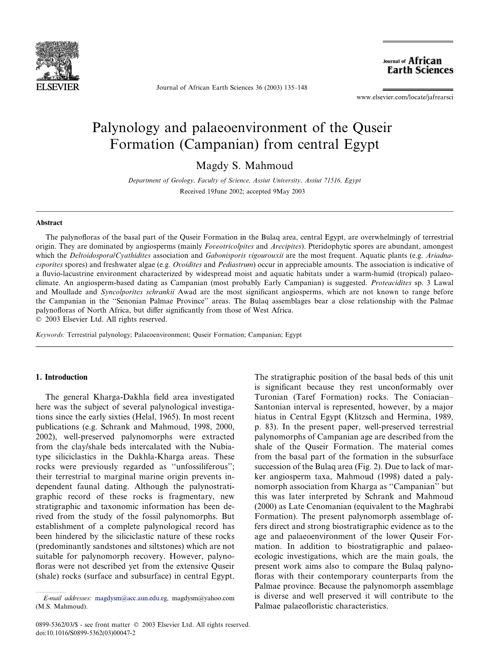 Palynology and Palaeoenvironment of the Quseir Formation (Campanian) from Central Egypt Magdy S