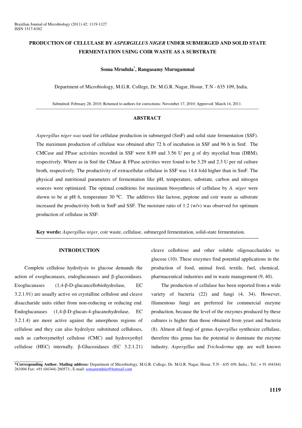 Production of Cellulase by Aspergillus Niger Under Submerged and Solid State Fermentation Using Coir Waste As a Substrate