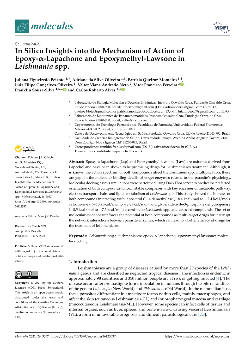 Lapachone and Epoxymethyl-Lawsone in Leishmania Spp