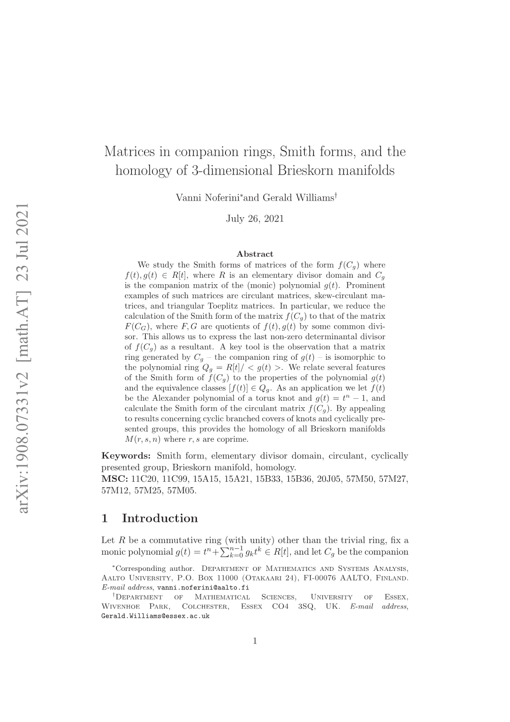 Matrices in Companion Rings, Smith Forms, and the Homology of 3