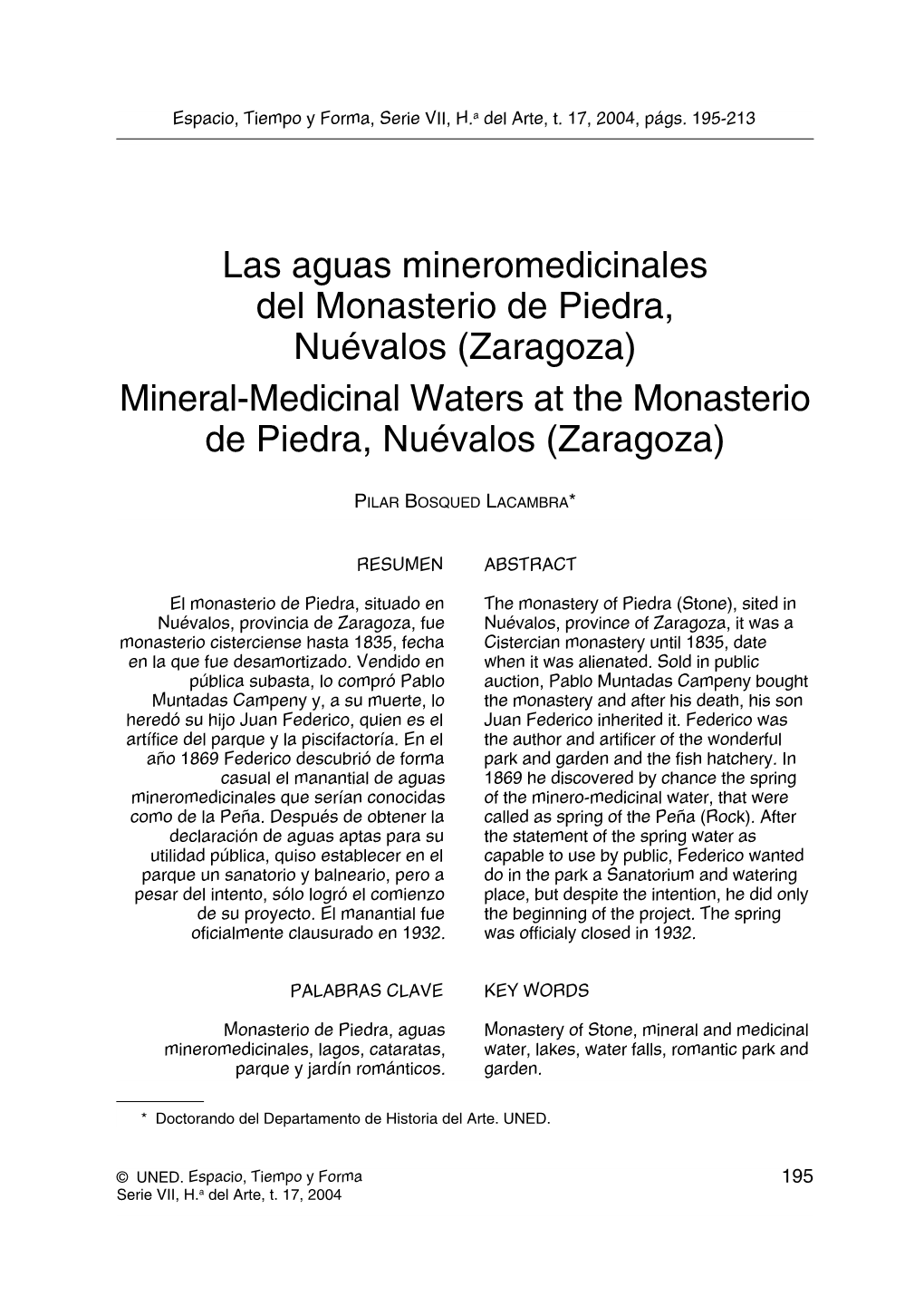 Las Aguas Mineromedicinales Del Monasterio De Piedra, Nuévalos (Zaragoza) Mineral-Medicinal Waters at the Monasterio De Piedra, Nuévalos (Zaragoza)